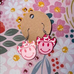 Pink Smiley Cowboy Hat Earrings